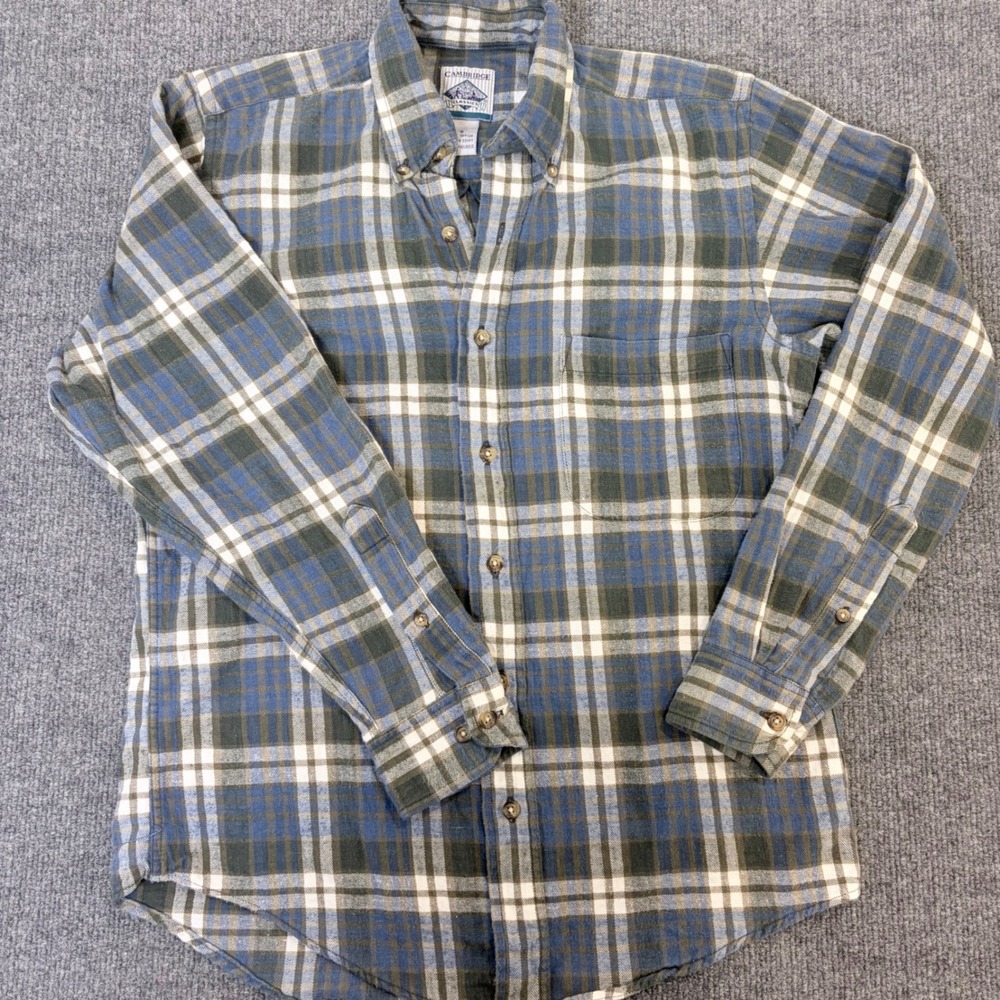 Cambridge Classics Mens Small Blue Green Plaid Flannel Button Down Shirt Cotton - Picture 2 of 11